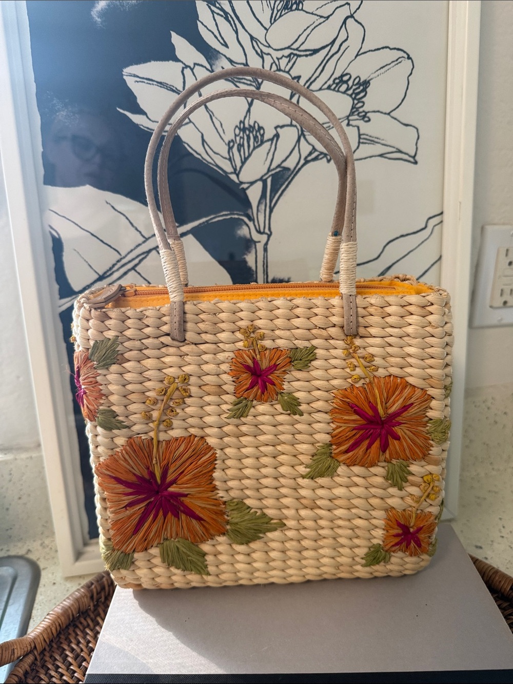 Embroidered Straw Tote Bag - Natural with Orange & Pink Floral Accents